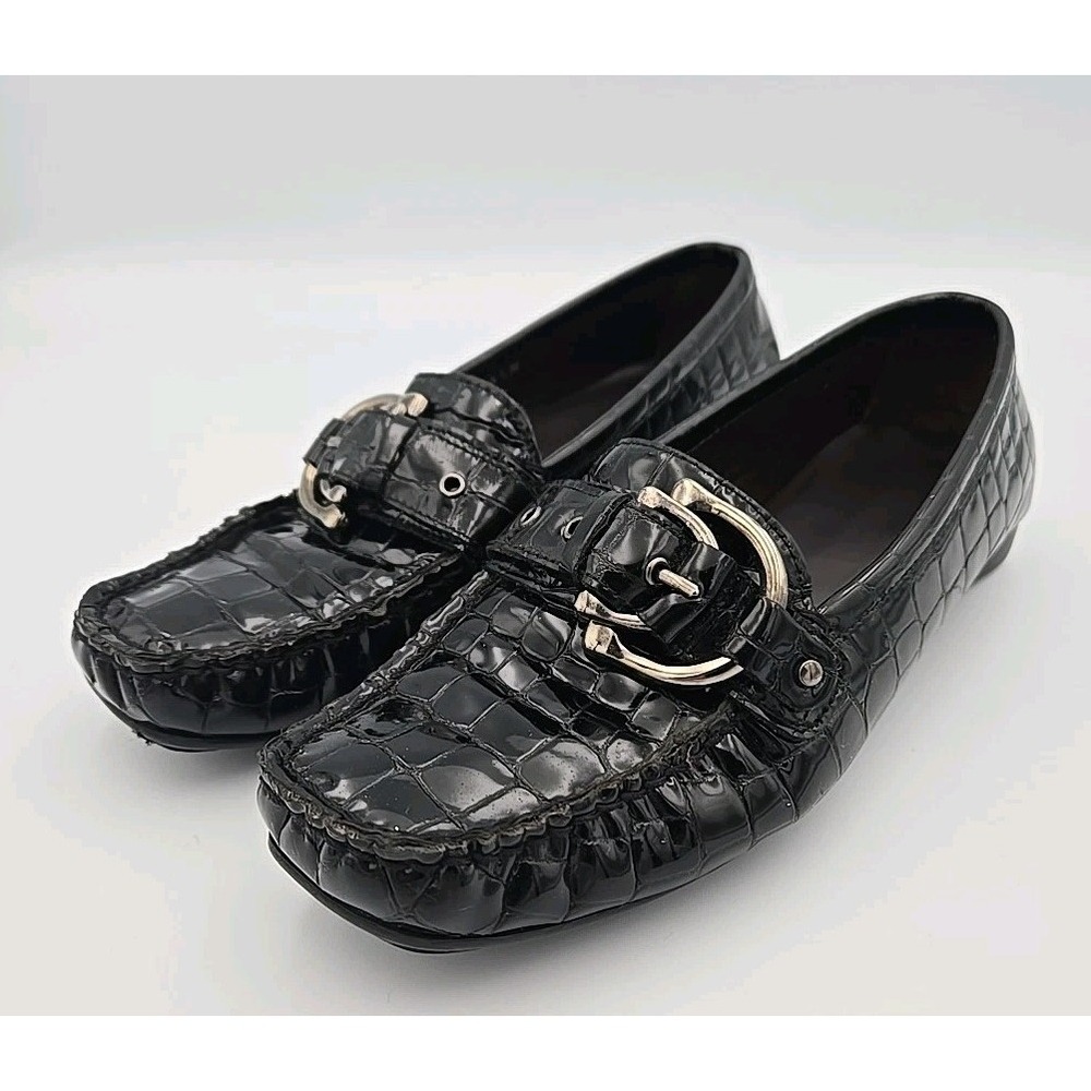 Stuart Weitzman Black Patent Leather Crocodile Embossed Buckle Loafers Sz 4.5 M